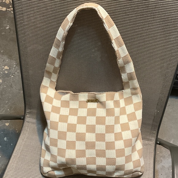 Kopari Handbags - Kopari Tan and Cream Checkered Shoulder Bag